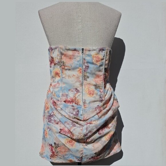 NWT FOR LOVE AND LEMONS DELPHINE RUCHED STRAPLESS BLUE DRESS W/ROSE PRINT S - Picture 5 of 6